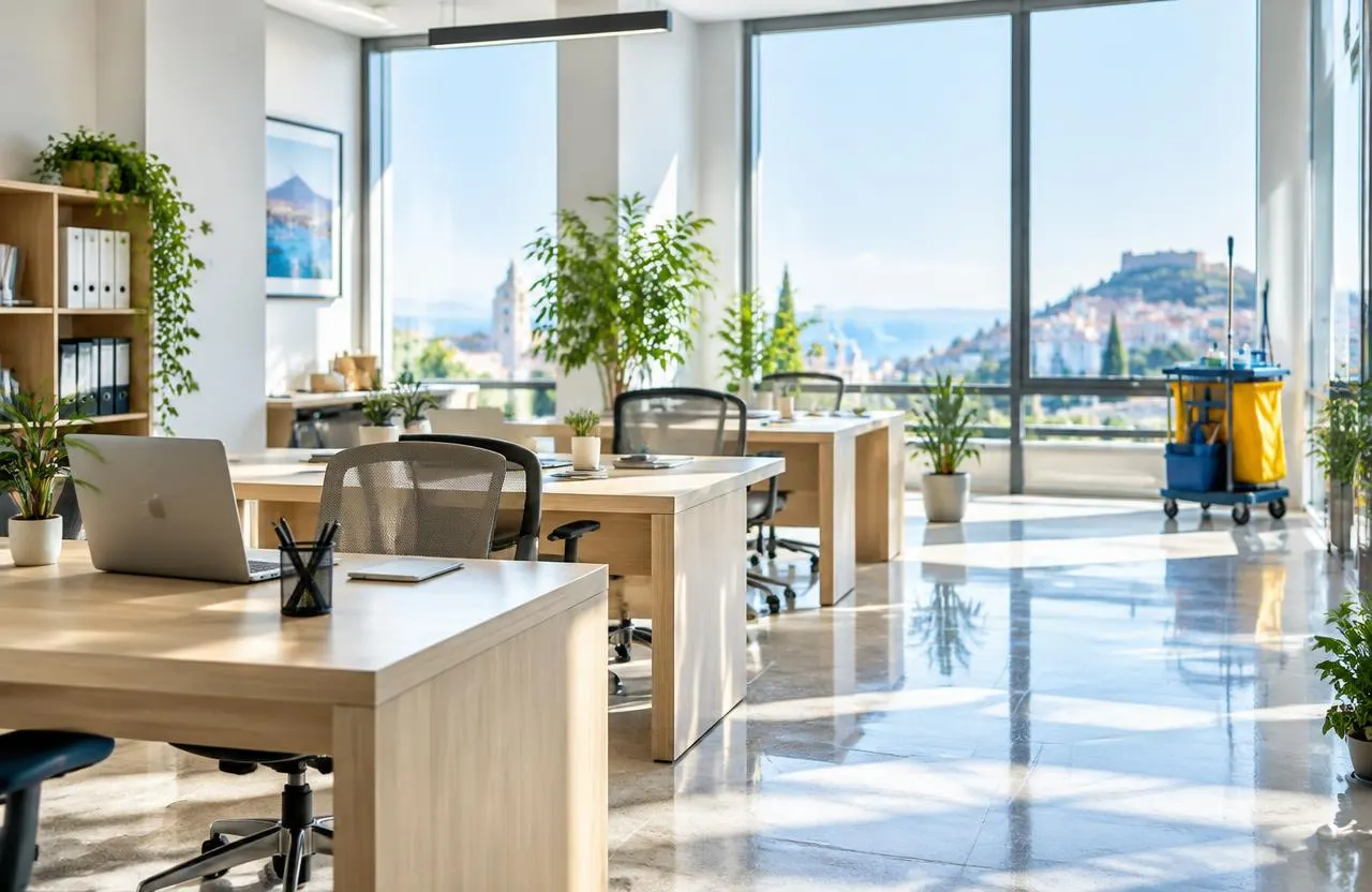 Bureau lumineux aux bureaux en bois clair et sol brillant, chariot de ménage en arrière-plan (photo d'illustration)