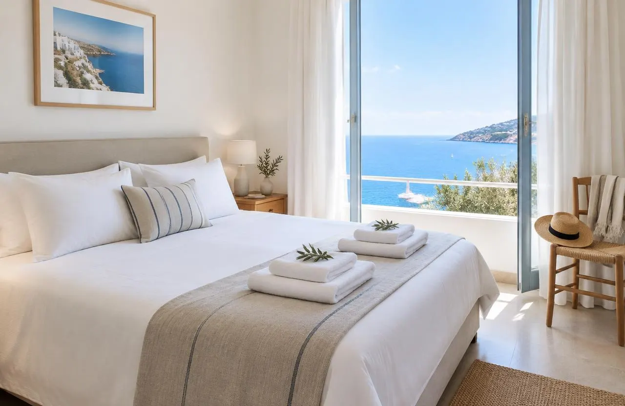 Chambre de location avec lit fait en linge blanc, serviettes pliées et vue sur la mer (photo d'illustration)